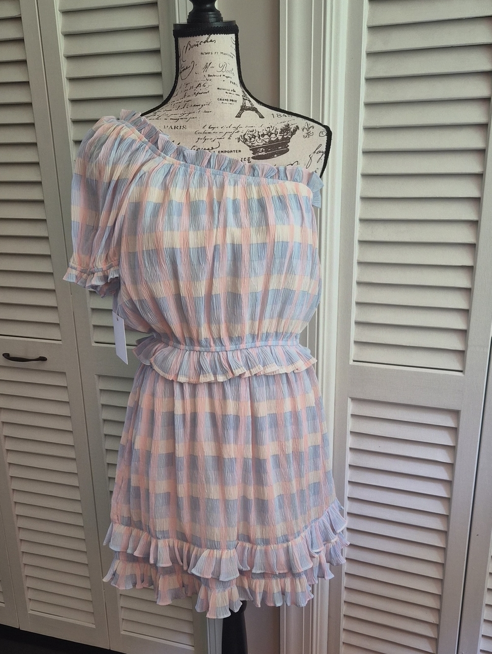 One-Shoulder Pastel Gingham Ruffle Two Piece Set